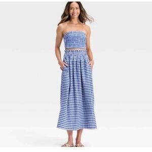 Universal Thread Blue Gingham Smocked Maxi Skirt High Rise Elastic Waist Pockets